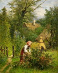 Летний пейзаж с девочкой, собирающей ягоды